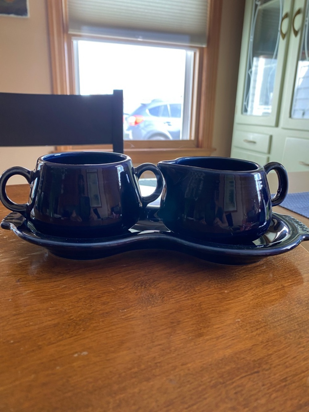 Vintage Fiesta Ware  Cobalt Blue Sugar snd Creamer w/ Tray made in USA.